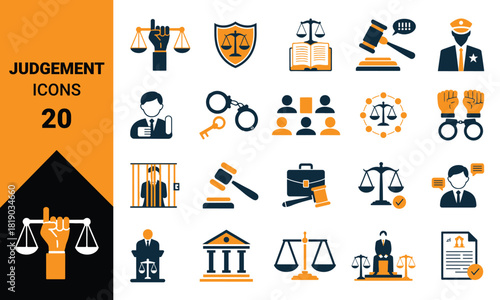 A comprehensive collection of diverse icons representing concepts of judgment justice legal proceedings and decision making processes suitable for digital and print applications