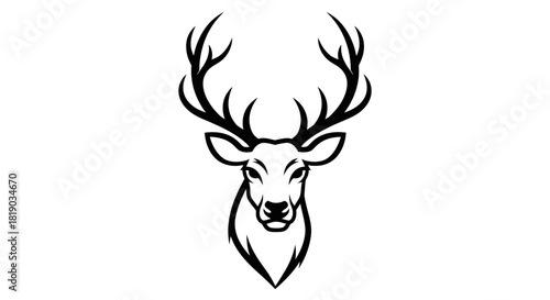 A symmetrical black and white graphic illustration of a majestic deer head with large antlers.