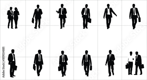 Silhouettes of business people walking and standing, isolated on