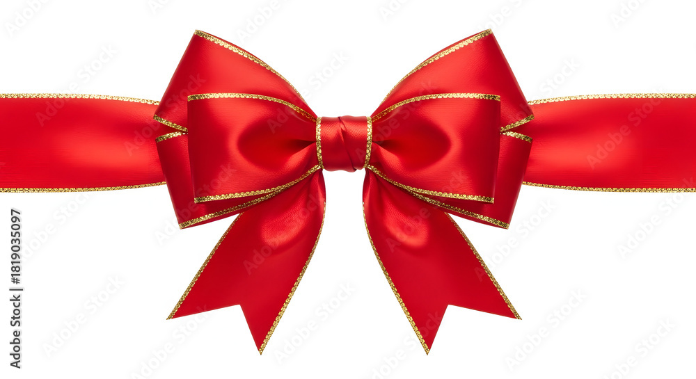 Fototapeta premium Elegant red satin ribbon bow with gold trim on white background