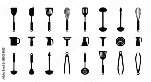 Set of kitchen utensils and cooking tools silhouettes isolated on