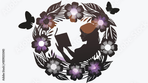 Overhead perspective silhouette of a girl engrossed in reading presented as a versatile banner or advertisement design ideal for educational or leisure themes