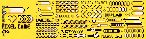 Pixel game bars. 8 bit loading lines in different shapes on yellow background.