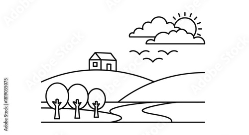 A simple line art drawing depicting a serene rural landscape with a house on a hill, trees, a river, and a sunny sky.
