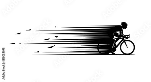 Black silhouette of a racing cyclist moving at high speed with a motion blur effect on a white background.