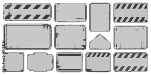 black and white caution sign board set. warning templates set in grunge style with black lines, grain, Stains, And scratches, Old vintage board for construction or on the road, or police accident.