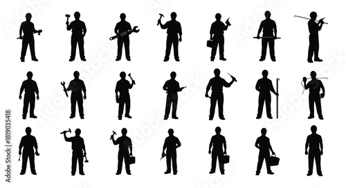 Silhouettes of various workers holding different tools, isolated on