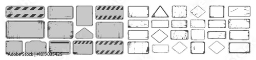 black and white caution sign board set. warning templates set in grunge style with black lines, grain, Stains, And scratches, Old vintage board for construction or on the road, or police accident.