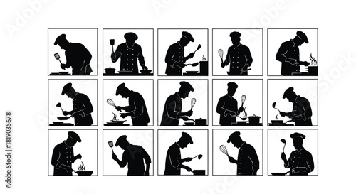 Chef cooking actions in a grid of black silhouettes, isolated on
