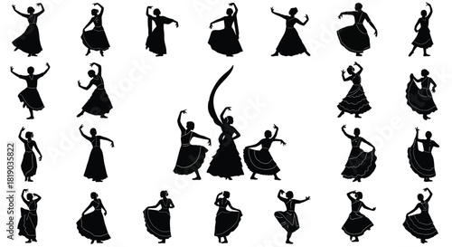 Collection of indian classical dancers silhouettes isolated on