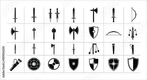 Collection of medieval weapon and shield icons isolated on