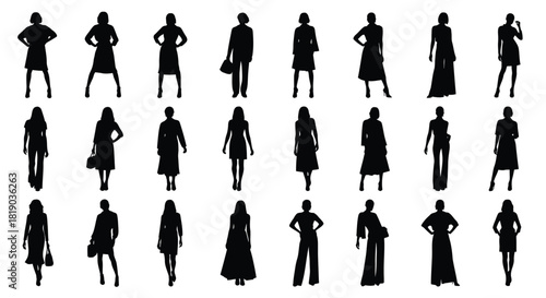 Collection of diverse women silhouettes in various fashion poses, isolated on