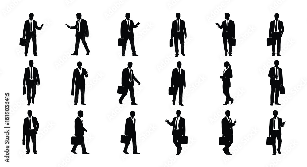 Fototapeta premium Businessmen silhouettes with briefcases in poses, isolated on