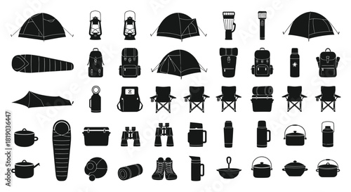 Camping gear and equipment collection silhouette, isolated on