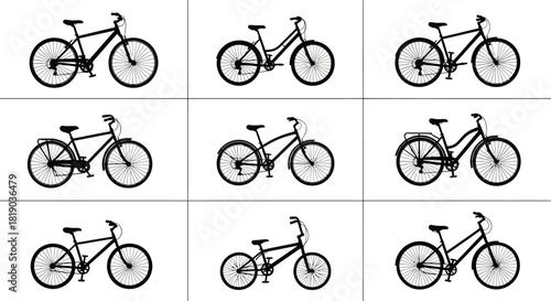 Set of diverse bicycle silhouettes, different bike styles isolated on