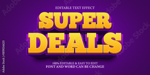 Editable Text Effect Super Deals Yellow 3D Typographic Style on Dark Purple Grid Background for Sale Promotion Banner