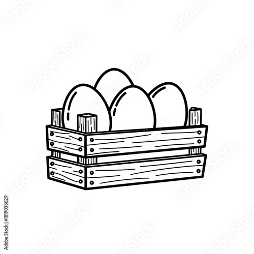 Wooden crate filled with eggs in minimalist line art style  