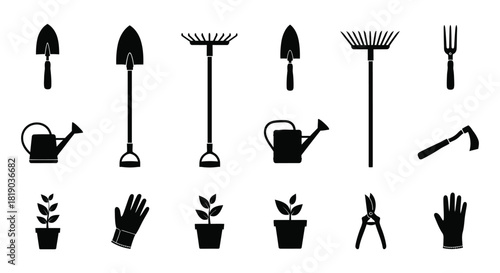 Collection of gardening tools and plants silhouette isolated on