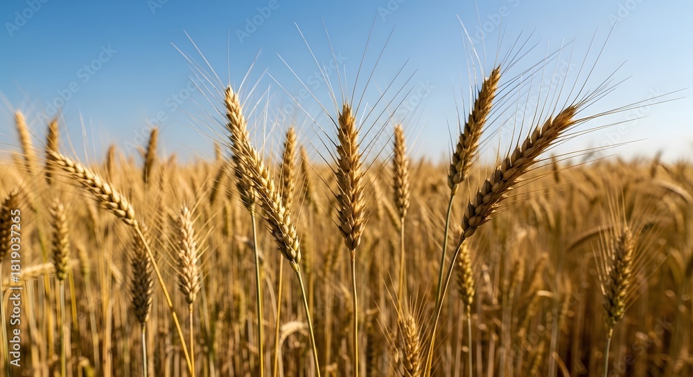 Fototapeta premium Golden wheat field under a clear blue sky on a sunny day