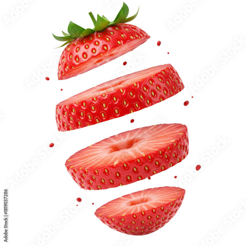 Sliced strawberry floating in mid-air with droplets around it  