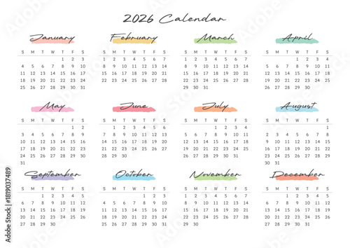 A modern 2026 full-year calendar template featuring pastel watercolor brushstrokes and handwritten calligraphy. The layout is perfect for a printable wall planner or desk scheduler.