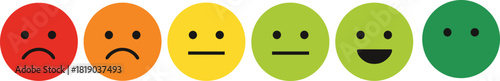 Emotion spectrum icon set—six circular faces showing mood from unhappy to happy with color-coded expressions