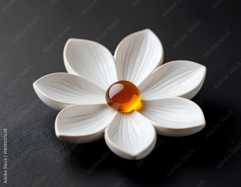 Fototapeta premium Matte ceramic flower plate with engraved filament veins holds glossy amber resin drop, creating delicate and elegant look