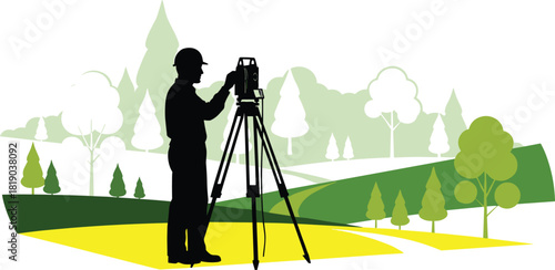 Surveyor silhouette illustration—tripod-mounted theodolite in hilly landscape with trees and buildings