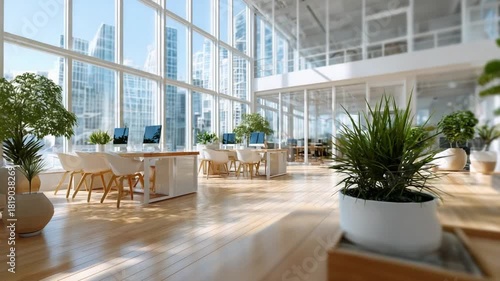 Modern Workplace: An expansive and contemporary office space, bathed in natural light, showcasing a blend of sleek architecture, abundant greenery, and functional design.