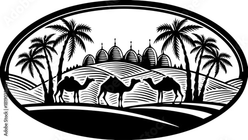 Three camels walking through a desert oasis with palm trees and a middle eastern city isolated on