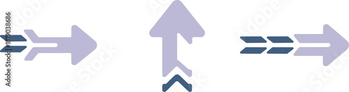 Set of arrows, one pointing up and two pointing right, designed with dynamic speed or progress elements in light purple and dark blue colors.