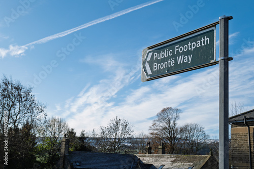 Photos A public footpath sign directs walkers onto the Brontë Way in West Yorkshire on the outskirts of Bradford