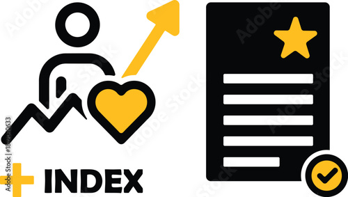 A vector icon set illustrating concepts of personal health growth, user preference, data indexing, and important documents with positive feedback or high ratings.