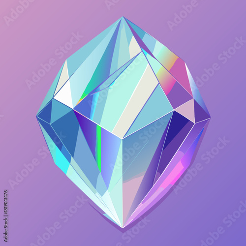 Iridescent gem with geometric facets casting colorful reflections on a lavender background, a modern design piece