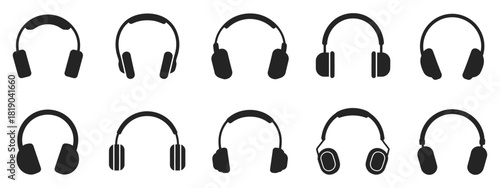Headphones icon collection showing music headphones, black headphone symbols, and headphone designs with microphones, suitable for vector graphics, audio app design, and music-related artwork.
