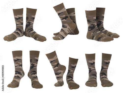 collage of military socks in different poses isolated on white background