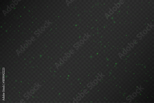Soft, barely visible green dust particles of different sizes and transparency scattered over a dark transparent checkered background, creating a subtle glowing bokeh effect.