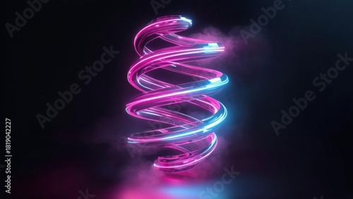 Fototapeta Naklejka Na Ścianę i Meble -  Glowing, spiral-shaped structure with neon pink and blue light against a dark background with fog