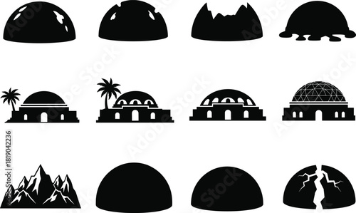 Collection of black dome silhouettes including buildings, igloo shapes, cracked domes, mountains and architectural structures for icons, design elements, branding and graphic illustration use