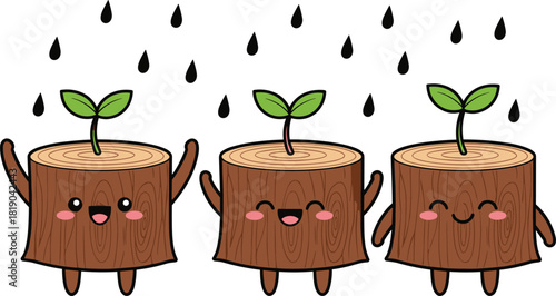 Cute tree stump characters with seedlings in the rain, happy nature illustration, adorable plant growth concept, eco cartoon design for environmental themes