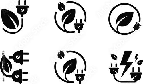 Eco energy plug icons, green electricity symbols, renewable power connectors, leaf plug illustration set, sustainable electric power, environmental energy technology design elements