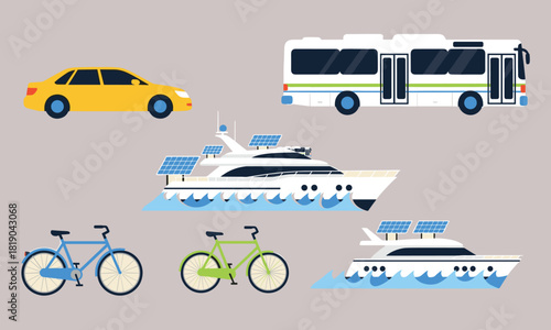 Eco friendly transportation illustration, hybrid vehicles, solar powered boats, bicycles, modern bus and car design, sustainable travel, green mobility concept graphics