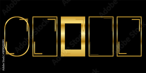 Thin golden frame set. Gold geometric border collection in art deco style. Thin linear shining rectangular shape bundle. Brass glowing shiny boarder element pack for photo, cadre, poster, Eps10