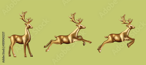 Golden Stag Progression: An illustration showcasing a golden stag in a series of animated movements, leaping and posing against a muted green backdrop.