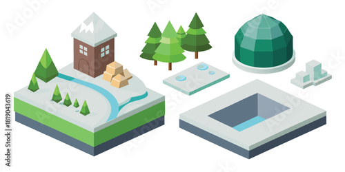 Isometric landscape house trees water dome building nature environment scene art