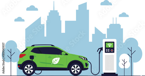 Green electric car charging at public EV charging station in urban city environment, clean energy transportation illustration promoting sustainability, eco-friendly mobility and modern renewable 