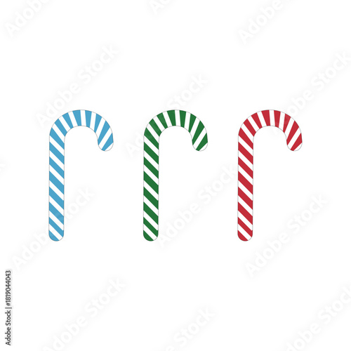 Eye-popping vector graphic of three-color candy canes, red, green, blue on a transparent canvas, designed for maximum visual impact in digital compositions.