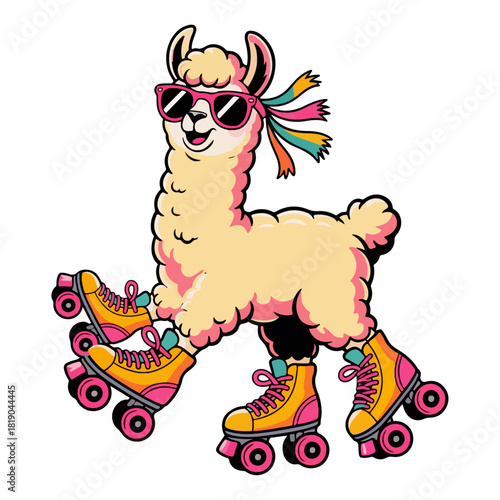 Cool Llama Roller Skating Cartoon Character with Sunglasses and Sneakers, Funny Retro Animal Mascot Vector Illustration for T-Shirt, Sticker and Pop Art Design Isolated on White Background.