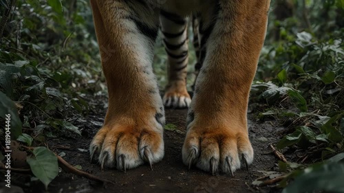 A majestic tiger walking on a path in a lush, green forest