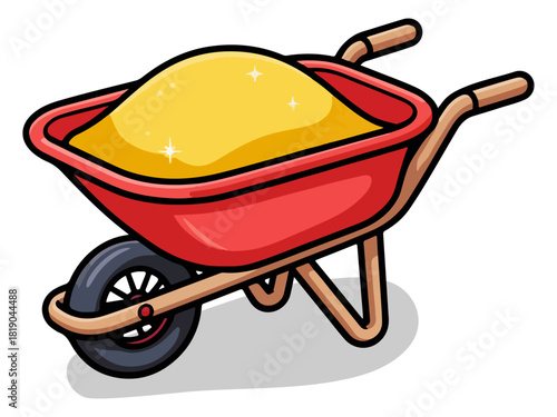 Red Wheelbarrow Loaded with Sand or Soil Cartoon Vector Illustration, Construction Tool Equipment Icon for Gardening, Building and Industrial Design Isolated on White Background